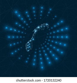 Norway digital map. Glowing rays radiating from the country. Network connections and telecommunication design. Vector illustration.