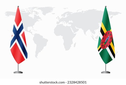 Norway and Dominica flags for official meeting against background of world map.