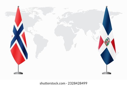 Norway and Dominican flags for official meeting against background of world map.