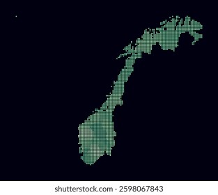 Norway dotted map. Digital style map of the country on dark background. Norway shape with square dots. Colored dots style. Small size squares. Modern vector illustration.