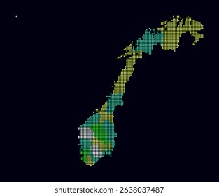 Norway dotted map. Digital style map of the country on a dark background. Norway shape with circle dots. Colored dots style. Small-sized circles. Trending vector illustration.
