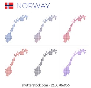 Mapa de puntos de Noruega. Mapa de Noruega con estilo punteado. Las fronteras del país están llenas de hermosos círculos de gradientes lisos. Ilustración vectorial con clase.