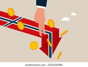 Norway economy collapse. Financial instability and stock market crash. Hand investor falling from stack of unstable money. Vector illustration.