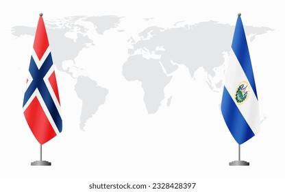 Norway and El Salvador flags for official meeting against background of world map.