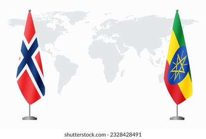 Norway and Ethiopia flags for official meeting against background of world map.