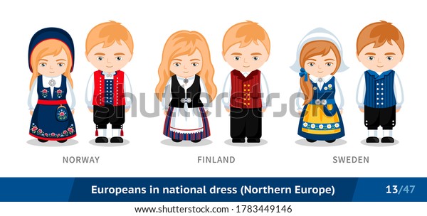 ノルウェー フィンランド スウェーデン 国民服を着た男女 民族衣装を着たヨーロッパ人のセット 漫画のキャラクター 北ヨーロッパ ベクターフラットイラスト のベクター画像素材 ロイヤリティフリー