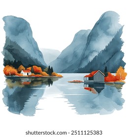 norway fjord lanscape vector illustration in watercolor style