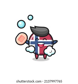 el personaje de la insignia de la bandera noruega está bañándose mientras sostiene jabón, diseño de estilo lindo para camiseta, pegatina, elemento logo