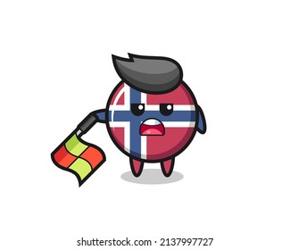 norway flag badge character as line judge hold the flag down at a 45 degree angle , cute style design for t shirt, sticker, logo element