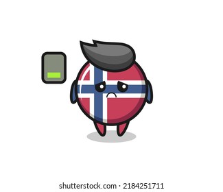 norway flag badge mascot character doing a tired gesture , cute style design for t shirt, sticker, logo element