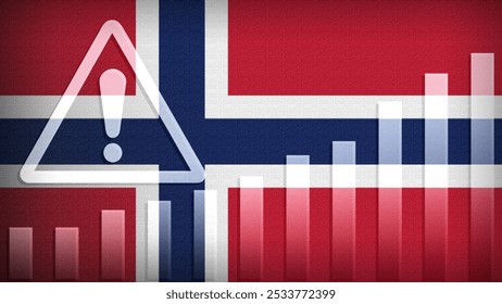 Norway flag with burlap texture, warning sign, and rising bar chart symbolizing increasing risk or growth challenges in the country. Ideal for data presentations.