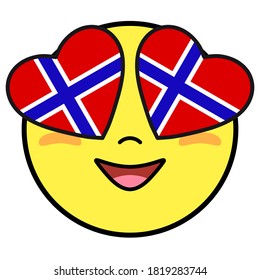 Norway flag button. Patriotic smile in hearts glasses. Emoji icon isolated on white background.