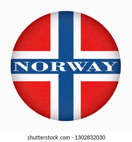 Norway flag in circle shape. Scandinavian country. Isolated button of Norwegian banner with scratched texture, grunge. Flat style, vector with noise, marble textured background. Square orientation.