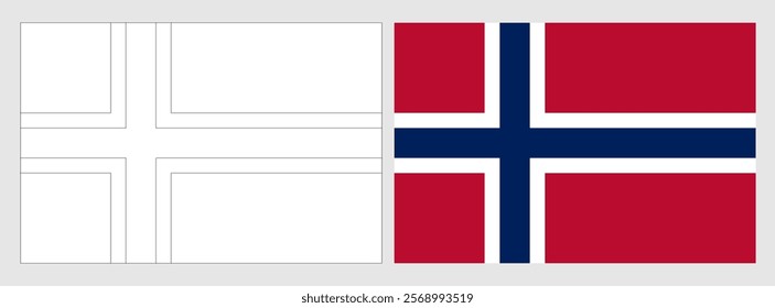 Norway flag - coloring page. Set of white wireframe thin black outline flag and original colored flag.