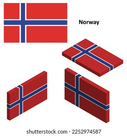 Norway flag, Country flag, vector set of isometric flat icons, 3D style, different views. Design elements for banners, websites, presentations, infographics, map