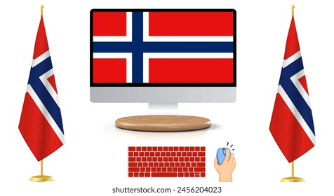 Bandera de Noruega en la era digital: Ilustración de soportes de banderas con teclado y ratón, que representan la conectividad moderna. Formato de Vector EPS