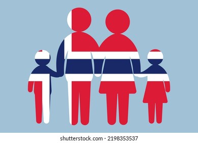 Bandera noruega con concepto familiar, elemento vector, padres e hijos tomados de la mano, idea inmigrante, familia feliz con bandera noruega, activo de diseño plano