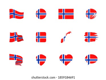 Norway flag - flat collection. Flags of different shaped twelve flat icons. Vector illustration set