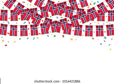 Norway flag garland white background with confetti, Hang bunting for Norway independence Day celebration template banner, Vector illustration