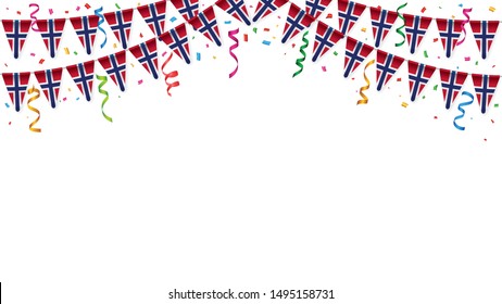 Norway flag garland white background with confetti, Hang bunting for Norway independence Day celebration template banner, Vector illustration