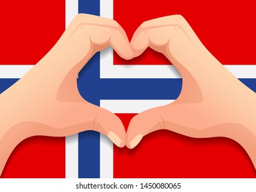 Norway flag and hand heart shape. Patriotic background. National flag of Norway vector illustration