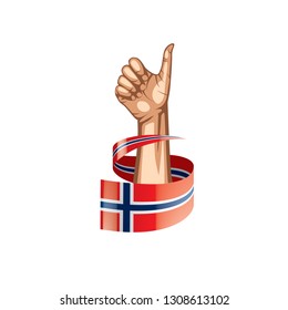 Norway flag and hand on white background. Vector illustration