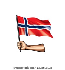 Norway flag and hand on white background. Vector illustration