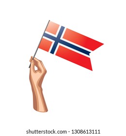 Norway flag and hand on white background. Vector illustration
