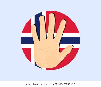 Norwegische Flagge mit Handstoppschild, Protest und Menschenrechtsidee, Vektorgrafik Design, Protest in Norwegen, Einschränkung oder verbotenes Emblem, Verletzung der Meinungsfreiheit, Krieg beenden