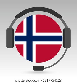 Norway flag with headphones, support sign. Vector illustration.