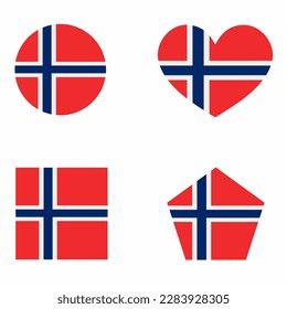 Norway flag icon set in 4 shape versions. Collection of national flag symbol with square, circle, heart, rectangular and pentagon shapes.