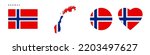 Norway flag icon set. Norwegian pennant in official colors and proportions. Rectangular, map-shaped, circle and heart-shaped. Flat vector illustration isolated on white.