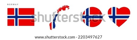 Norway flag icon set. Norwegian pennant in official colors and proportions. Rectangular, map-shaped, circle and heart-shaped. Flat vector illustration isolated on white.