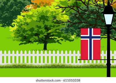 Norway Flag, Landscape of Park, Trees, Fence wooden and Street light Illustration 