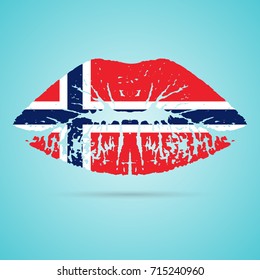 Norway Flag Lipstick On The Lips Isolated On A White Background. Vector Illustration. Kiss Mark In Official Colors And Proportions. Independence Day