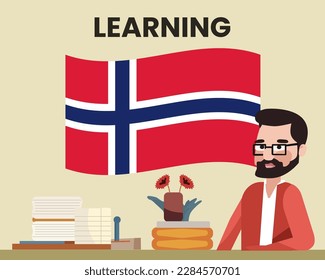 Norway flag with a male teacher, learning or teaching Norway language, bearded man with glasses and country flag vector design, language school concept