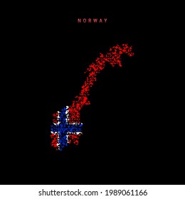 Mapa de bandera de Noruega, patrón de partículas caóticas en los colores de la bandera noruega. Ilustración vectorial aislada en el fondo negro.