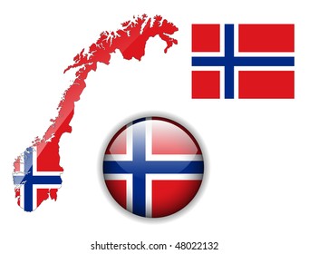 Norway  flag, map and glossy button, vector illustration set.