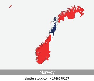 Mapa de la bandera de Noruega. Mapa del Reino de Noruega con la bandera nacional noruega aislada en fondo blanco. Ilustración vectorial.