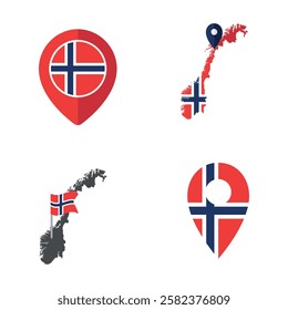 Norway flag map pointer set, national flag of Kingdom of Norway