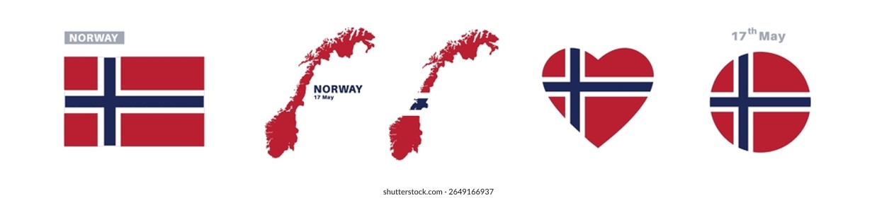 bandeira da noruega e conjunto de mapas. bandeira da noruega em cores e proporções oficiais. independência dia 17 de maio , mapa, círculo e coração em forma de noruega