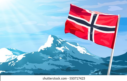 Norway flag on blue sky and mountains background with sunlight