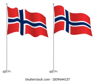 bandera de noruega en el asta ondeando en el viento. Elemento de diseño de vacaciones. Punto de verificación para los símbolos de mapa. Vector aislado sobre fondo blanco