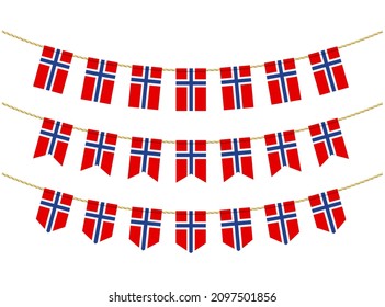 Norway flag on the ropes on white background. Set of Patriotic bunting flags. Bunting decoration of Norway flag