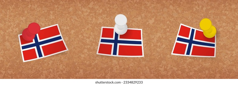 Bandera de Noruega anclada en una tabla de corcho, tres versiones de la bandera de Noruega. Pantalones vectores y conjunto de indicadores.