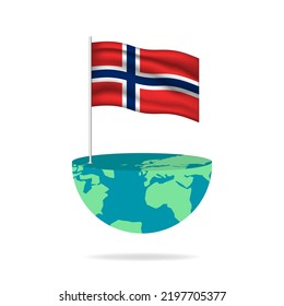 Poste de la bandera de Noruega en el globo. Bandera ondeando alrededor del mundo. Fácil edición y vector en grupos. Ilustración vectorial de bandera nacional sobre fondo blanco.