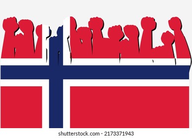 Norway flag with raised protest hands vector, country flag logo, Norway protesting concept, flat design, against idea