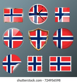 Norway flag set collection in badges, labels, watch, stamps,shields, buttons