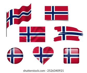 Conjunto de ícones da bandeira norueguesa. Bandeira vetorial da Noruega, símbolo Conjunto de bandeiras norueguesas pincel, botão, acenado, coração.