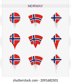 Norway flag, set of location pin icons of Norway flag. Vector illustration of national symbols.